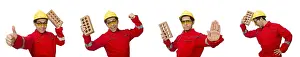 Construction Worker Drucke: Construction worker with clay bricks on white