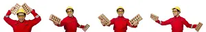 Construction Worker Drucke: Construction worker with clay bricks on white