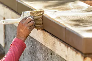 Coping Around Pools Drucke: Construction Worker Using Brush On Wet Cement Forming Coping Around New Pool