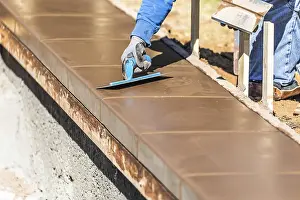 Construction Industry Workforce Drucke: Construction worker using trowel on wet cement forming coping around new pool