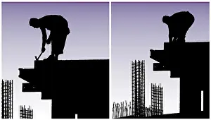 Construction Site Drucke: Construction workers put formwork and armature