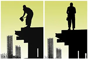 Construction Site Drucke: Construction workers put formwork and armature