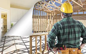 New Construction Drucke: Contractor facing construction framing with page corner flipping to completed kitchen