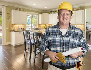 Real Estate Market Professional Drucke: Contractor with plans and hard hat inside custom kitchen