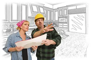 Blue Construction Helmet Drucke: Contractor talking with customer over custom kitchen drawing