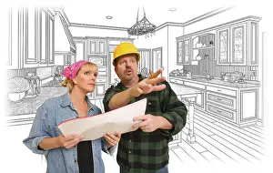 Blue Construction Helmet Drucke: Contractor talking with customer over custom kitchen drawing