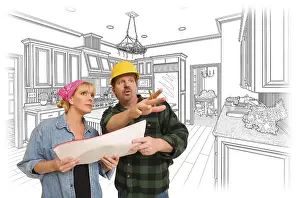 Blue Construction Helmet Drucke: Contractor talking with customer over custom kitchen drawing