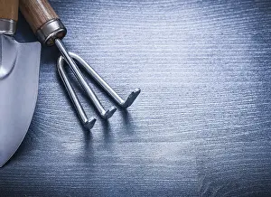 Close Up Gardening Equipment Drucke: Copyspace image garden hand tools fork and spade