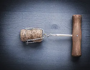 Studio Still Life Photography Drucke: Corckscrew and corck of champagne