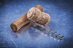 Studio Still Life Photography Drucke: Cork tap corkscrew on metallic background