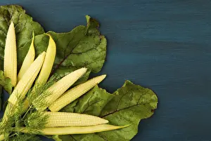 Deserted Farm Scene Drucke: CORN IN BEET LEAF ON A WOODEN BOARD