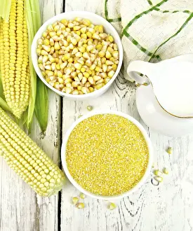 Agricultural Crop Images Drucke: Corn grits and corn in two bowls