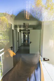 Refugee Accommodation Germany Drucke: Corridor view with doors and windows