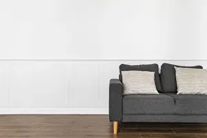 Deserted Building Interior Drucke: Couch with pillows interior design