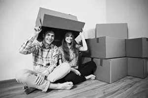Male Female Relationship Images Drucke: Couple with empty boxes on heads