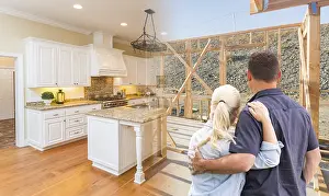 DIY Home Improvement Projects Drucke: Couple facing construction framing gradating to completed custom kitchen