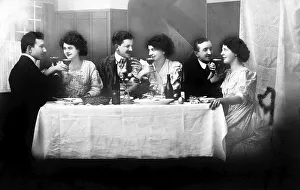 Black And White Food Images Drucke: Three couples dining together, historical image