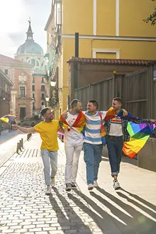 Colorful Diversity Picture Drucke: Couples of men having fun at the demonstration with the rainbow flags