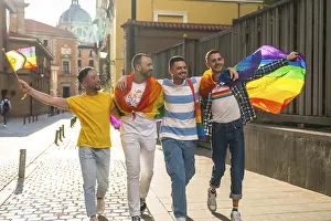 LGBTQ Pride Celebration Drucke: Couples of men having fun at the demonstration with the rainbow flags