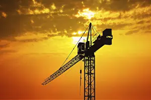 Red Sunset Sky Drucke: Crane at sunset