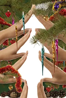 New Year Celebration Concept Drucke: Creative Christmas tree made from hands on white background