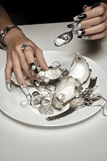 Studio Shot Of Hands Drucke: Creative design of nails on female hands