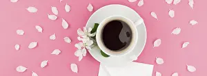 Pastel Pink Background Image Drucke: Creative flat lay concept top view of coffee cup
