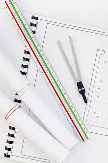 Architectural Blueprint Drucke: Creative flat lay overhead top view blueprints architectural flat project plan