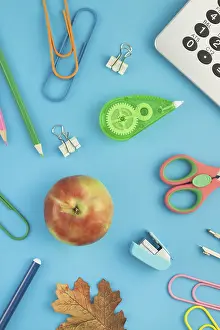 Colorful Office Supplies Drucke: Creative flat lay top view back to school concept with alarm clock