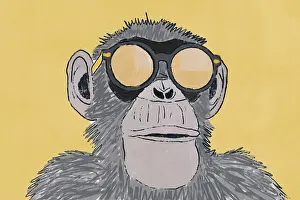 Zeitgenössische Kunstwerke Drucke: Ein Affe mit Brille vor einem leuchtenden gelben Hintergrund.