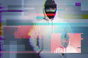 Computer Virus Concept Drucke: Creative image with anonymous hacker with glitch and interference effects