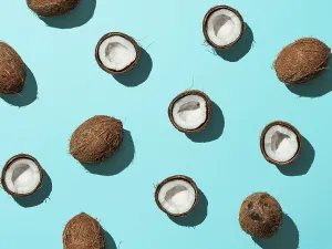Pastel Colored Backgrounds Drucke: Creative layout of coconuts half on blue background