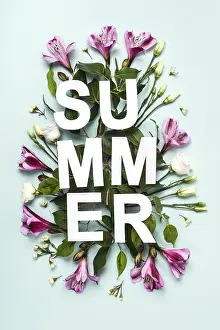Pastel Blue Background Drucke: Creative layout from Paper word Summer