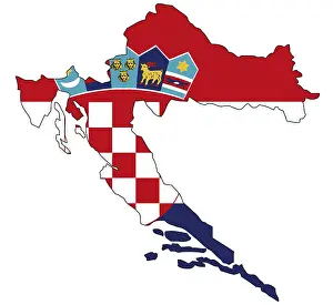 Drucke von Die Flagge Kroatiens ist ein Symbol der nationalen Identität und Präsenz des Landes auf der Weltkarte Luftaufnahme Drucke: Karte Kroatiens mit der kroatischen Flagge