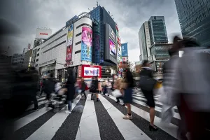 Crowded City Streets Drucke: Crowd crossing zebra crossing on a large intersection