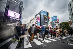 Crowded City Streets Drucke: Crowd crossing zebra crossing on a large intersection