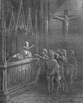 Historical Woodcut Drucke: The Crusader's Oath before the Campaign