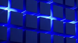 Drucke von Ein atemberaubendes geometrisches Arrangement aus Kuben, von blauem Licht erleuchtet, zeigt moderne Designkonzepte und technologische Inspiration Installationskunst Drucke: Kubikstrukturen in einer faszinierenden geometrischen Anordnung