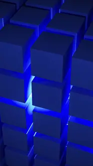 Drucke von In diesem atemberaubenden Bild entfalten sich kubische Strukturen zu einer faszinierenden geometrischen Anordnung, die von blauem Licht beleuchtet wird Installationskunst Drucke: Moderner Kubusbau mit blauem Licht: Ein atemberaubendes geometrisches Arrangement