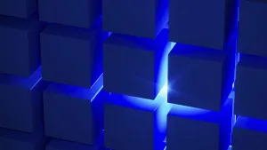Drucke von Kubikstrukturen schaffen eine fesselnde geometrische Anordnung, die durch blaue Licht hervorgehoben wird und moderne Designkonzepte sowie technologische Inspiration zeigt Installationskunst Drucke: Kubusstrukturen erzeugen eine fesselnde geometrische Anordnung