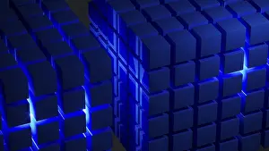 Symbolic Picture Representation Drucke: Cube structures create a captivating geometric arrangement highlighted by blue light
