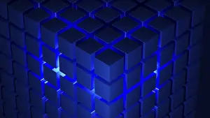 Contemporary Art Piece Drucke: Cube structures create a captivating geometric arrangement highlighted by blue light