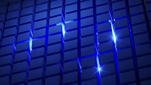 Symbolic Picture Artwork Drucke: Cube structures create a captivating geometric arrangement highlighted by blue light