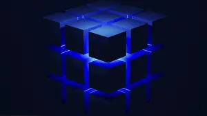 Modern Geometric Design Drucke: Cube structures create a captivating geometric arrangement highlighted by blue light
