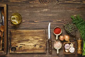 Culinary Concept Drucke: Culinary concept. Overhead view of kitchen table with spices