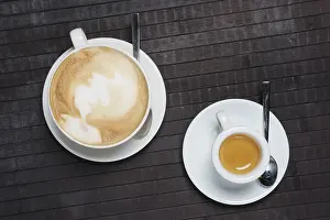 Freshly Brewed Hot Beverage Drucke: Cup of coffee and espresso top view