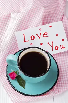 Coffee Still Life Drucke: Cup of coffee with a note Love you