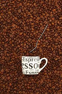 Studio Coffee Shot Drucke: Cup of coffee on a table full of coffee beans