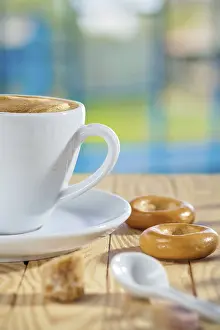 Freshly Baked Goods Drucke: Cup spoon sugar and cookie on table
