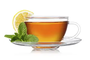 Plain White Background Food Image Drucke: Cup of tea with mint and lemon on a white background